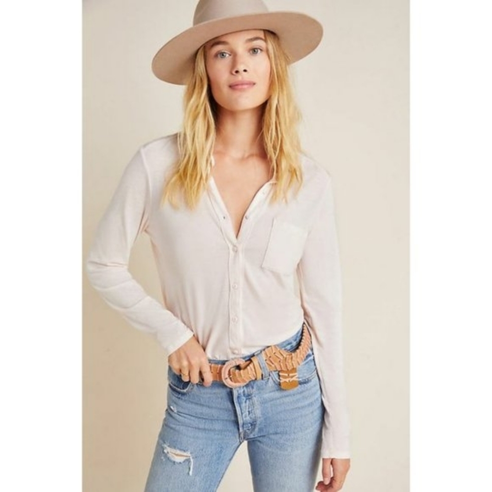 Anthropologie button front long sleeves knit shirt, large, pink